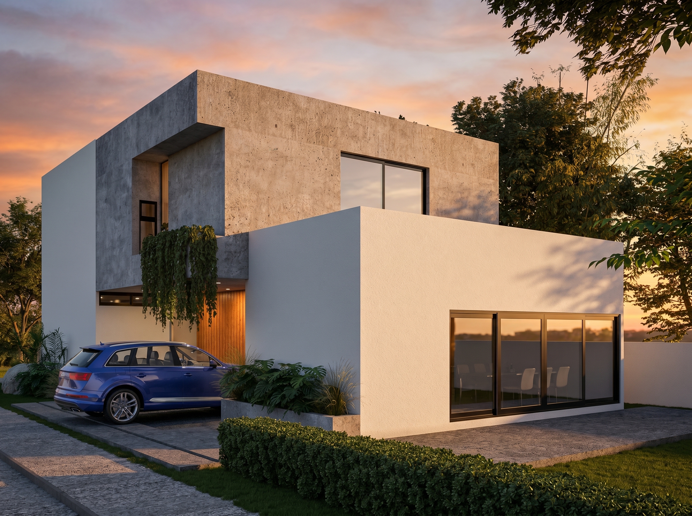 Casa Olea — Fachada exterior al atardecer